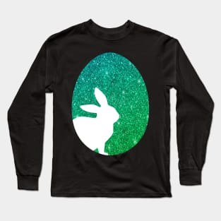 Easter Bunny Silhouette in Green Ombre Faux Glitter Easter Egg Long Sleeve T-Shirt